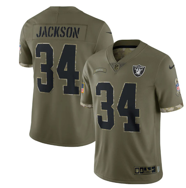 Men's Las Vegas Raiders #34 Bo Jackson 2022 Olive Salute To Service Limited Stitched Jersey